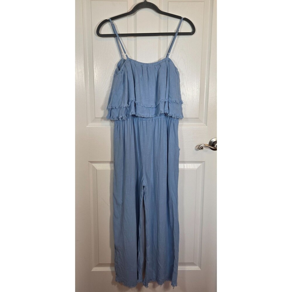 Umgee Womens MEDIUM Dusty Blue Frayed Edge Wide Leg Jumpsuit - Picture 3 of 8